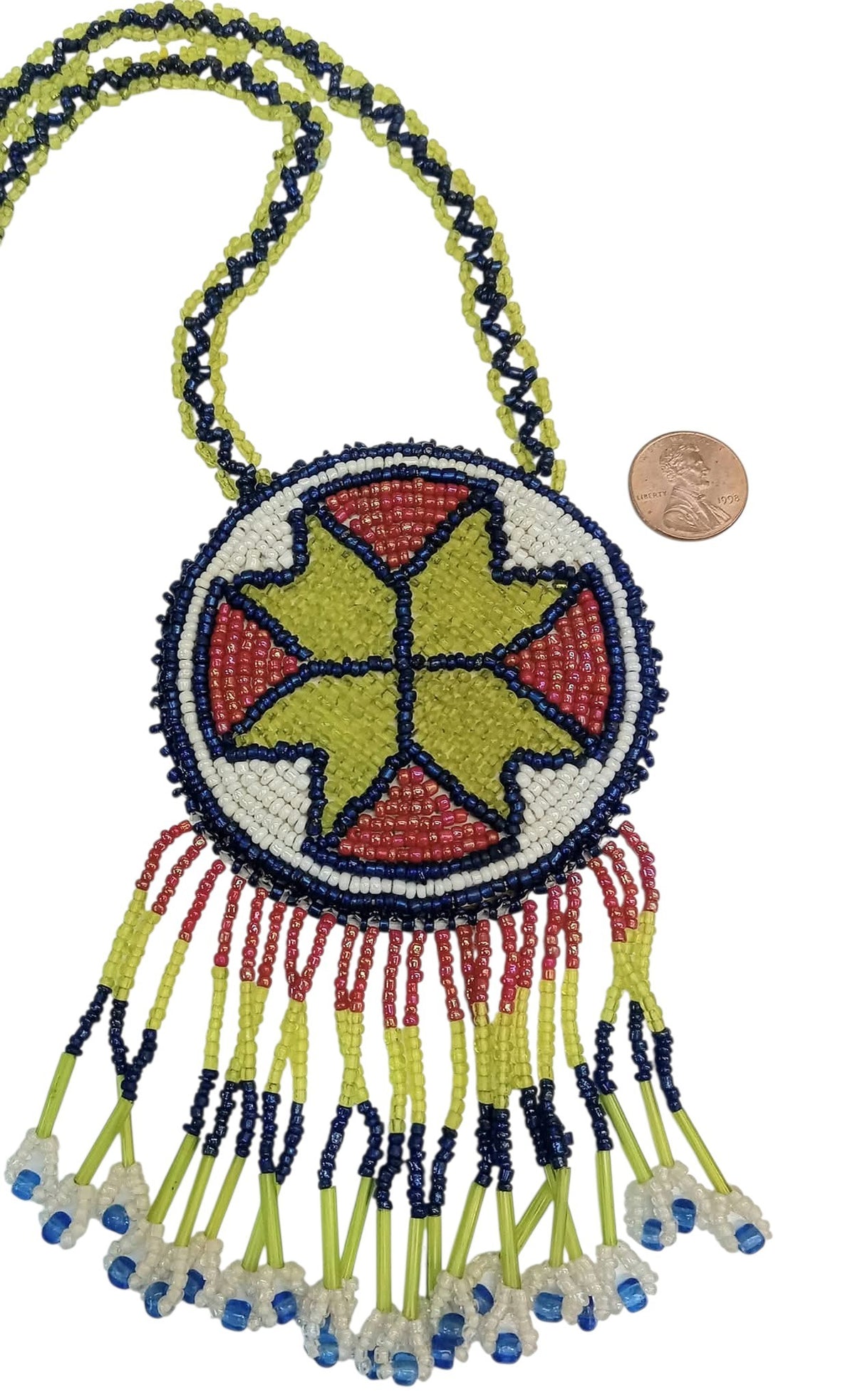 3" Beaded Geometric Medallion Necklace w/ 29" beaded chains and 2 1/2" fringe. Leather backing. Red-green-blue