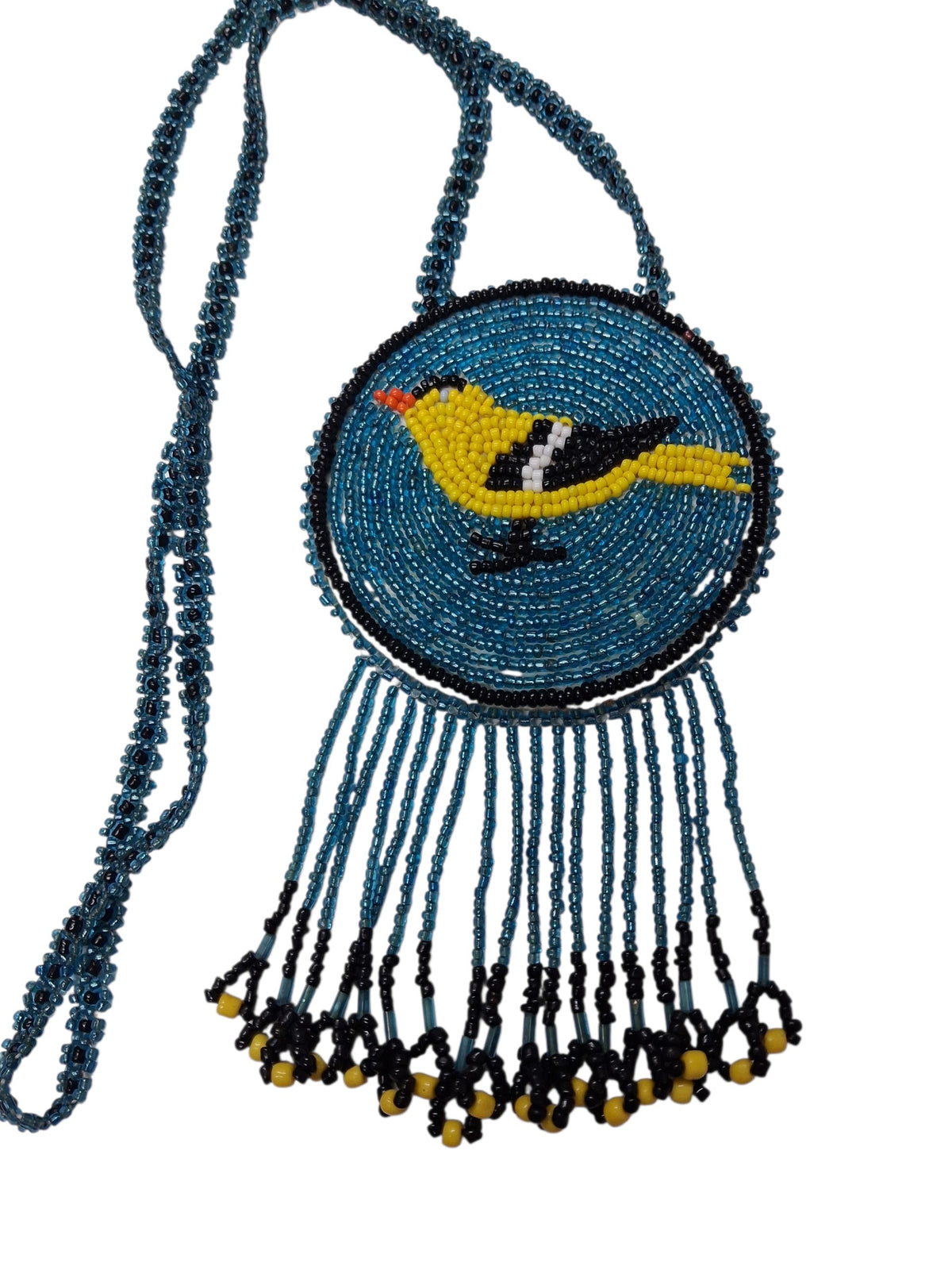 3 1/4" Beaded Yellow Bird Medallion Necklace w/ 29" beaded chain and 2 1/4" fringe. Leather backing. Turquoise