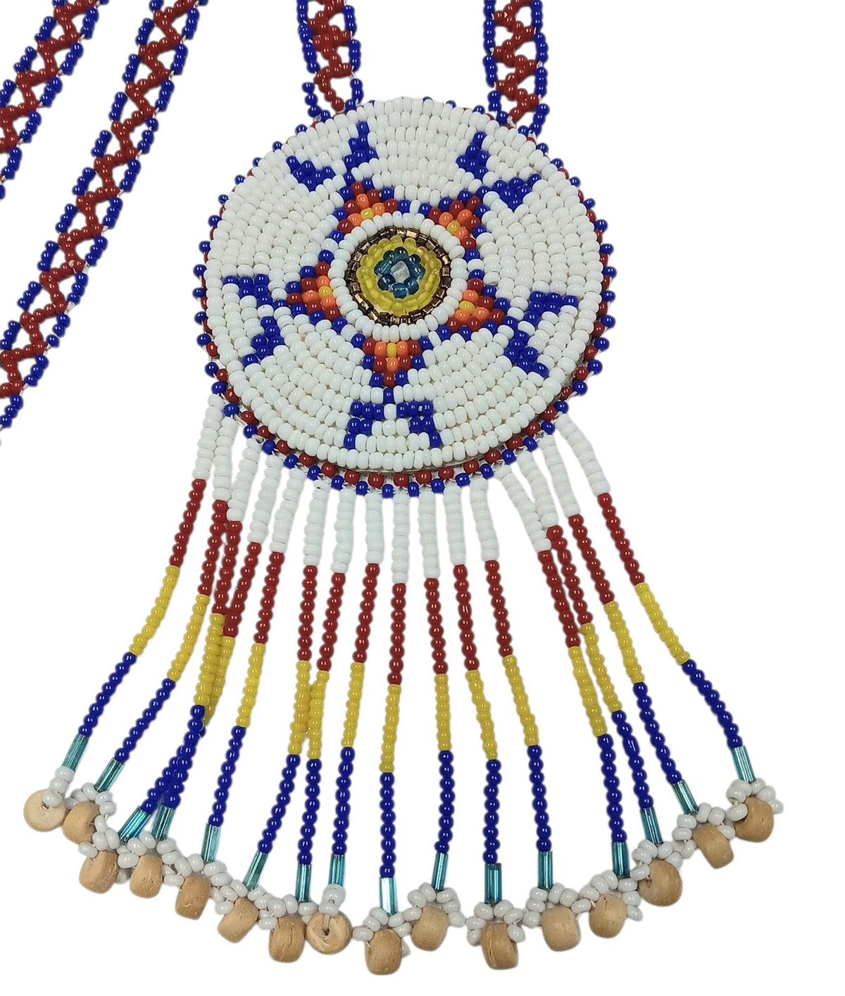 2 1/2" Beaded Star Medallion Necklace w/ 28.5" beaded chain and 2.5" fringe. Leather backing. White, red, yellow, blue