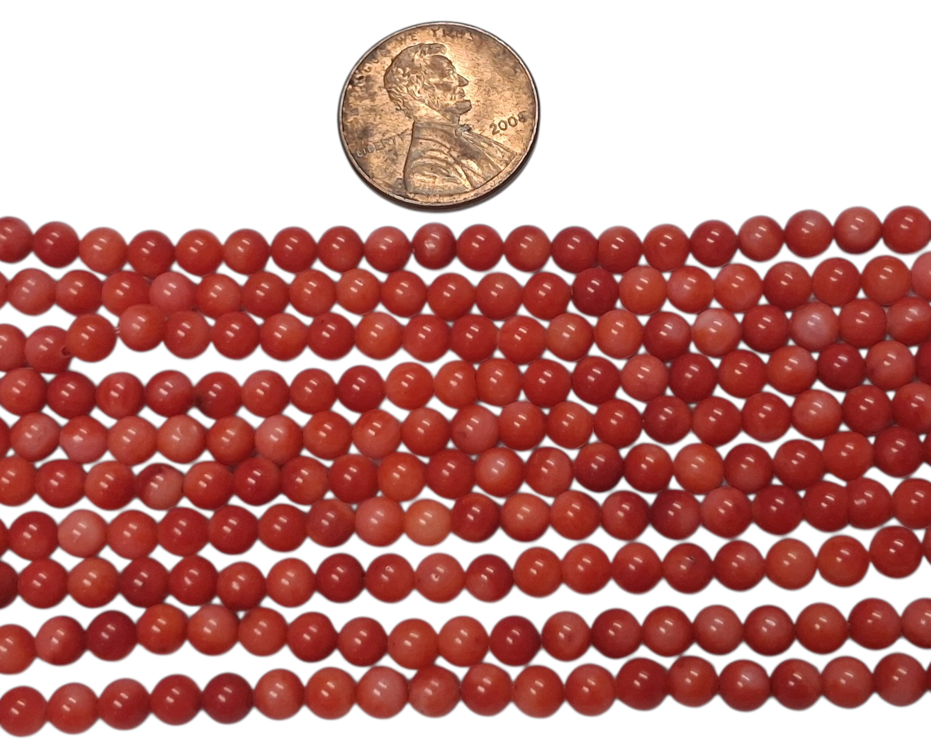 Red Coral 3-4 mm round beads 8 inch strand