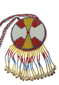 3 1/4" Beaded Geometric Medallion Necklace w/ 28" beaded chain and 2.5" fringe. Leather backing. Red, yellow, white