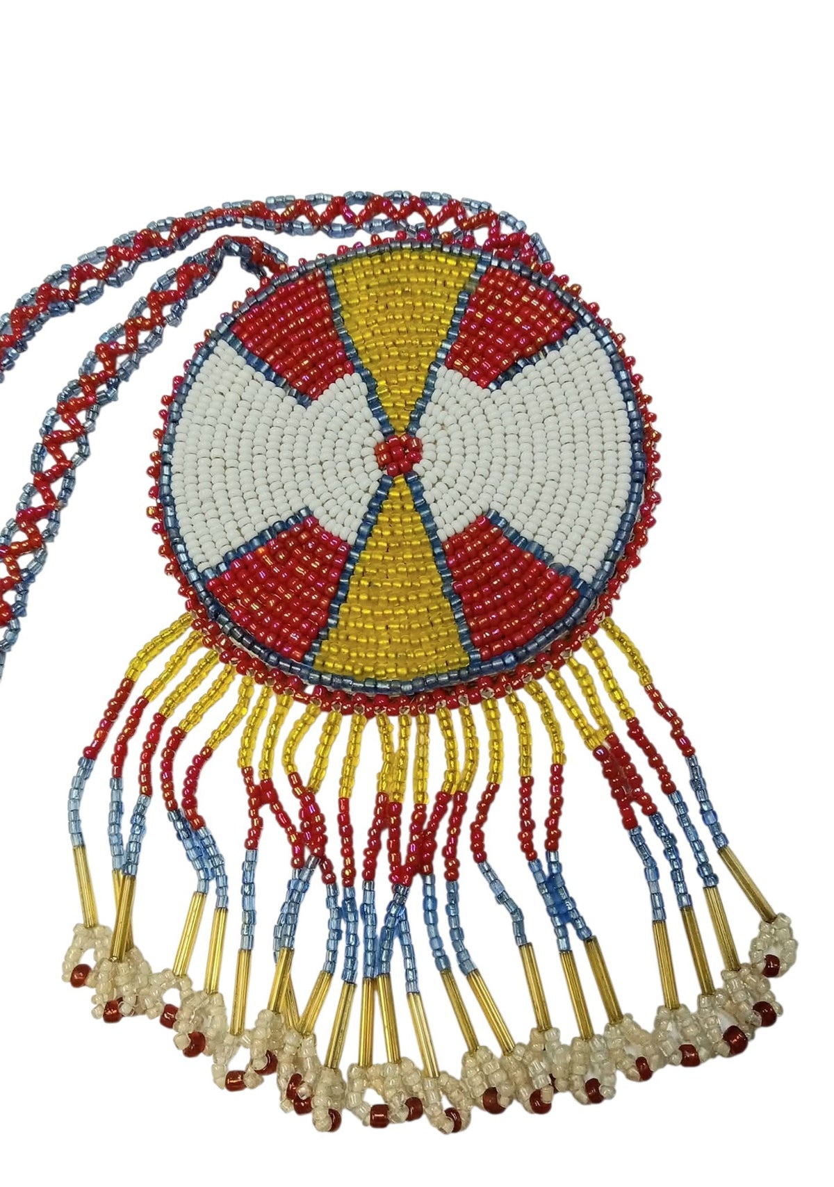 3 1/4" Beaded Geometric Medallion Necklace w/ 28" beaded chain and 2.5" fringe. Leather backing. Red, yellow, white
