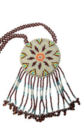 2 1/2" Beaded  Geometric Medallion Necklace w/ 29" beaded chain and 2.5" fringe. Leather backing. Mahogany, blue, orange