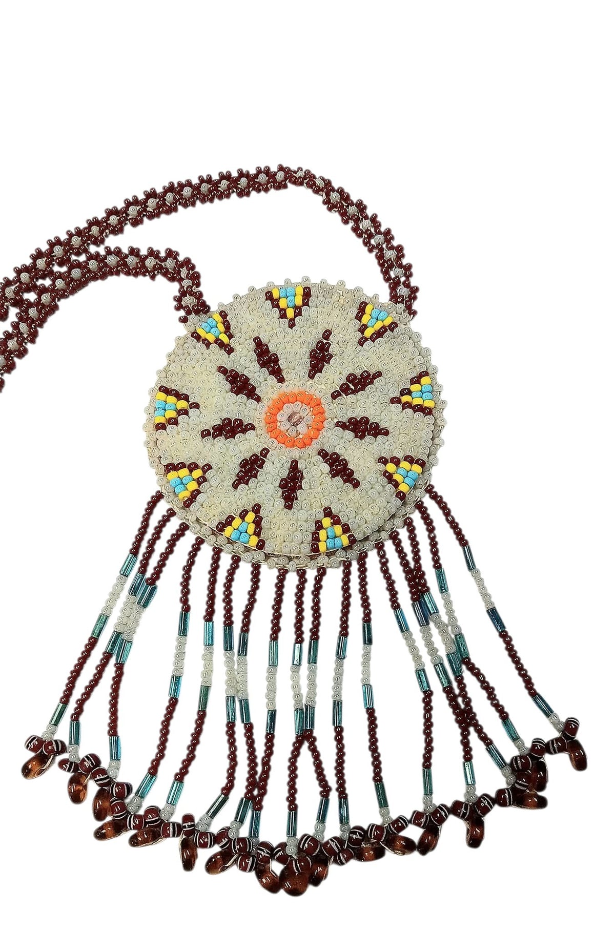 2 1/2" Beaded  Geometric Medallion Necklace w/ 29" beaded chain and 2.5" fringe. Leather backing. Mahogany, blue, orange
