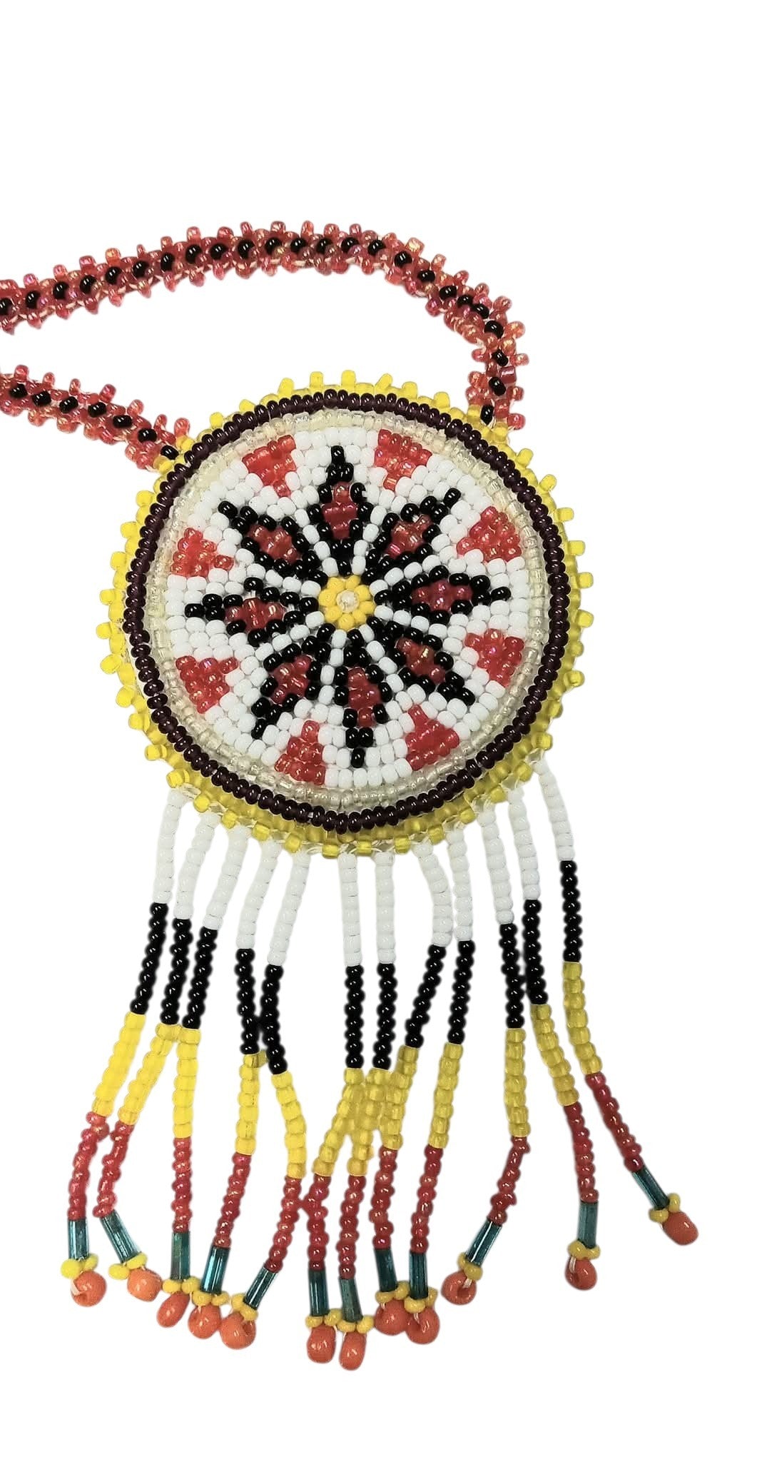 2 1/4" Beaded Star Medallion Necklace w/ 27" beaded chain and 2 1/4" fringe. Leather backing. Red, white, black, yellow