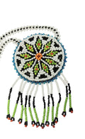 2" Beaded Star Medallion Necklace w/ 28.5" beaded chain and 1 3/4" fringe. Leather backing. White, green, black, orange
