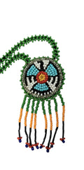 1 3/4" Beaded Thunderbird Medallion Necklace w/ 28.5" beaded chain and 1 1/2" fringe. Leather backing. Green, black, orange
