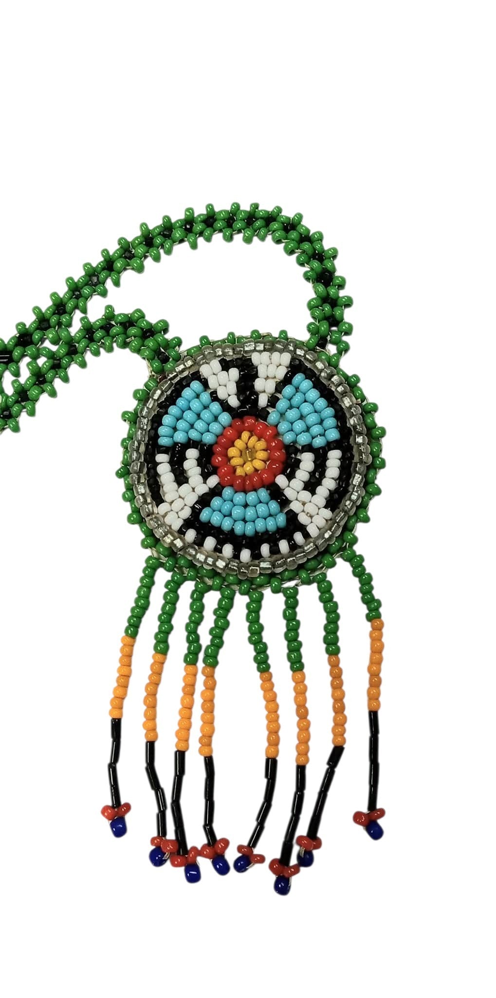 1 3/4" Beaded Thunderbird Medallion Necklace w/ 28.5" beaded chain and 1 1/2" fringe. Leather backing. Green, black, orange