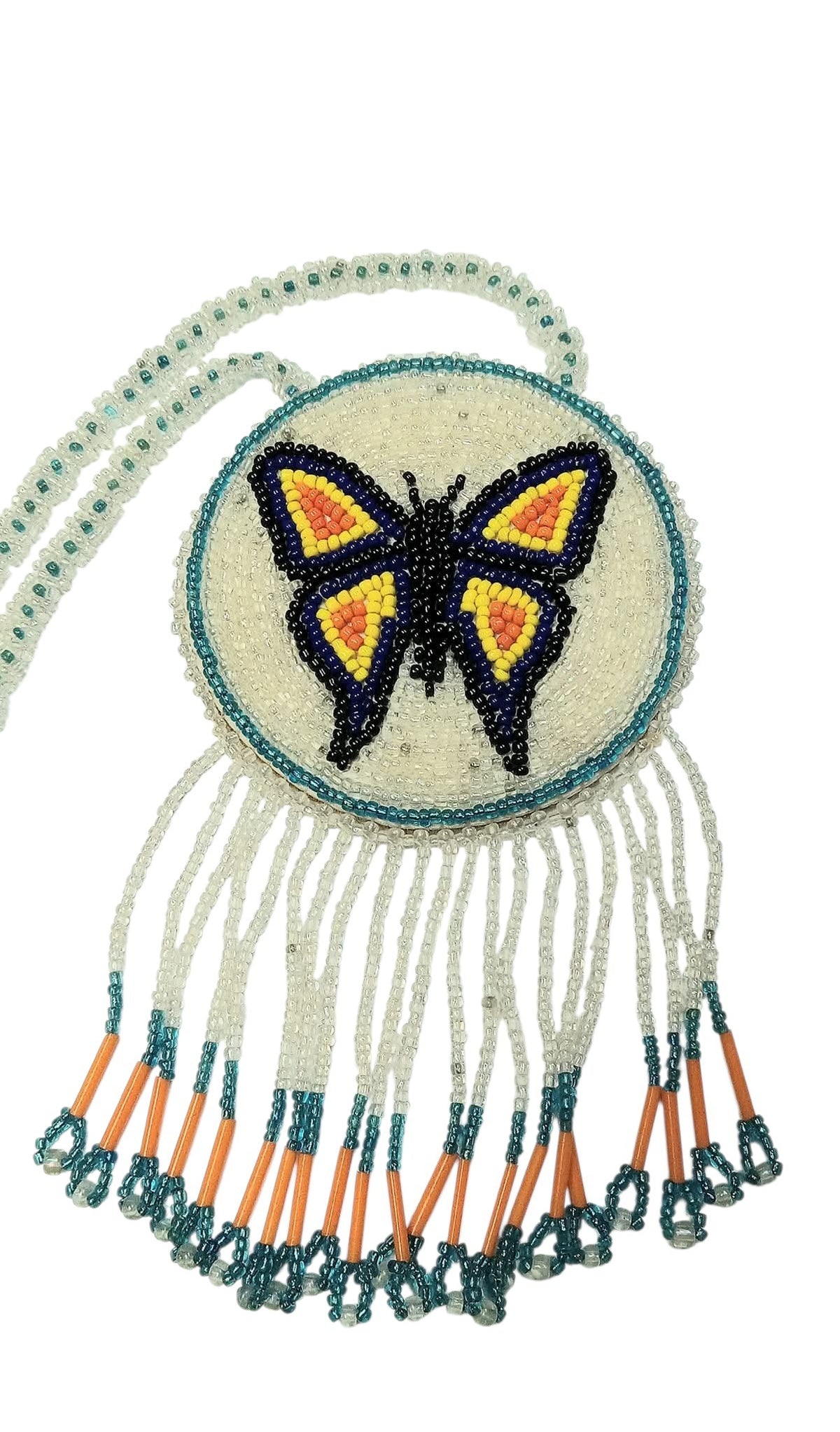 3 1/2" Beaded Butterfly Medallion Necklace w/ 29" beaded chain and 2 3/4" fringe. Leather Backing. Clear, blue, orange
