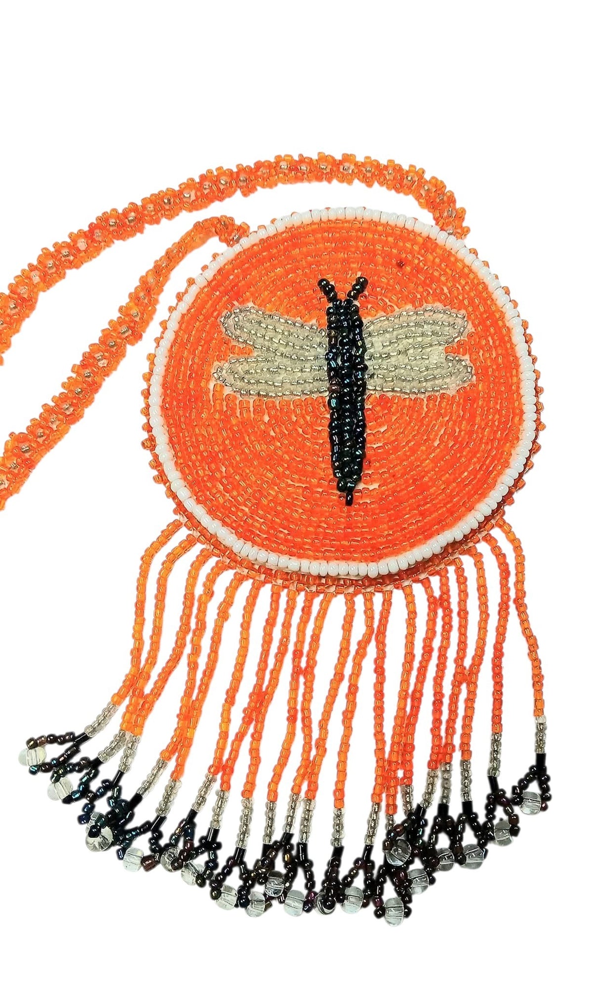 3 1/4" Beaded Dragonfly Medallion Necklace w/ 29" beaded chain and 2 1/4" fringe. Leather backing. Orange, black