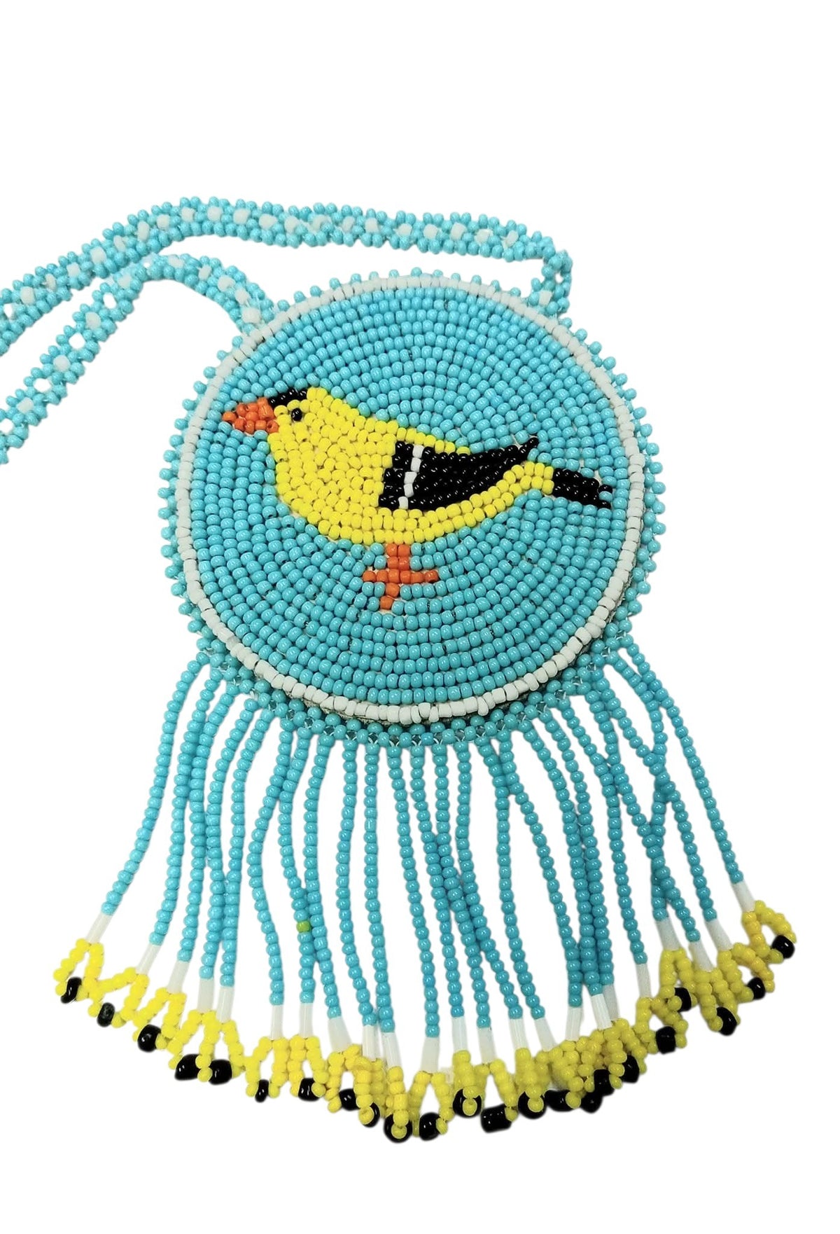 3 1/4" Beaded Bird Medallion Necklace w/ 27.5" beaded chain and 2" fringe. Leather backing. Turquoise, yellow
