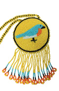 3 1/4" Beaded Blue Bird Medallion Necklace w/ 28.5" beaded chain and 2 1/4" fringe. Leather backing. Yellow, turquoise, orange