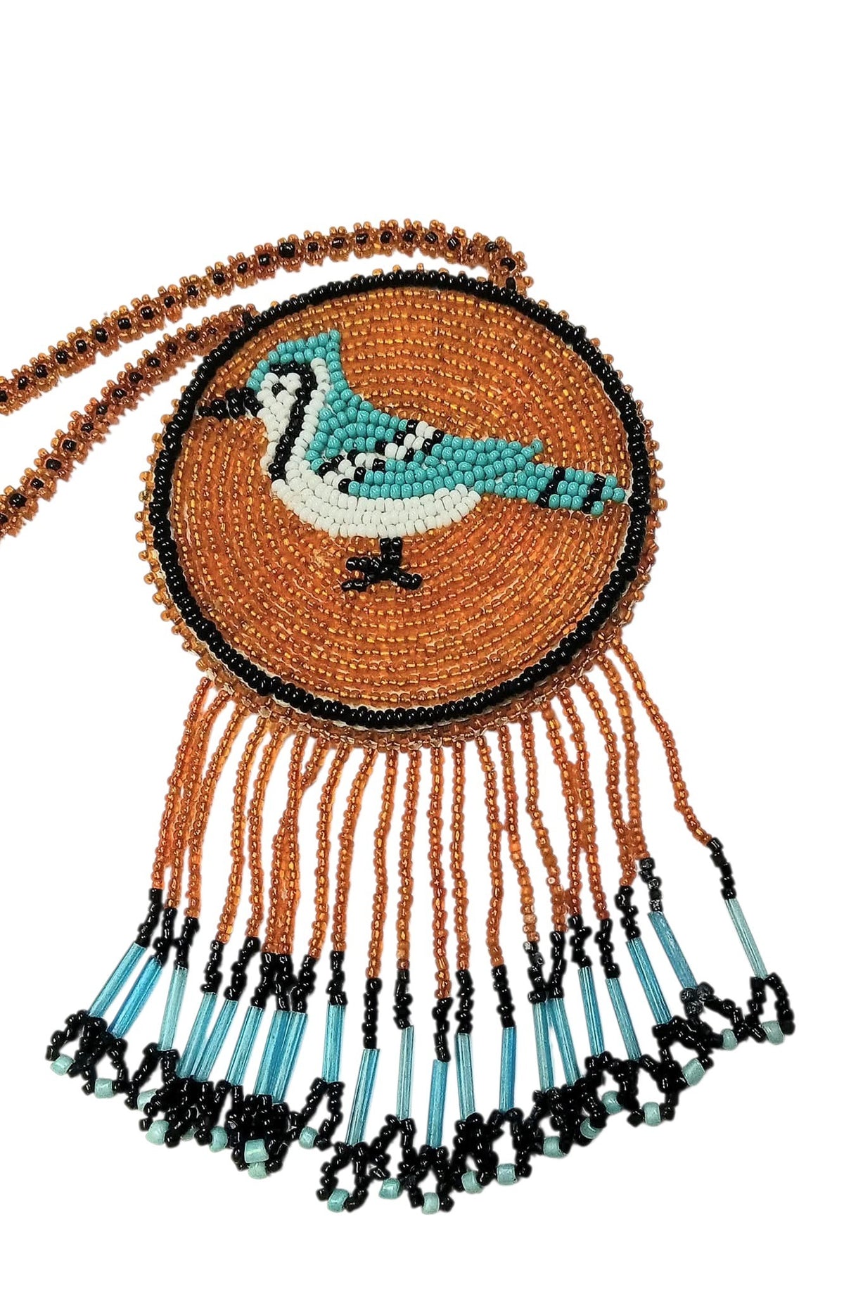 3 1/2" Beaded Blue Jay Medallion Necklace w/ 28 1/4" beaded chain and 2.5" fringe. Leather backing. Orange, turquoise, black