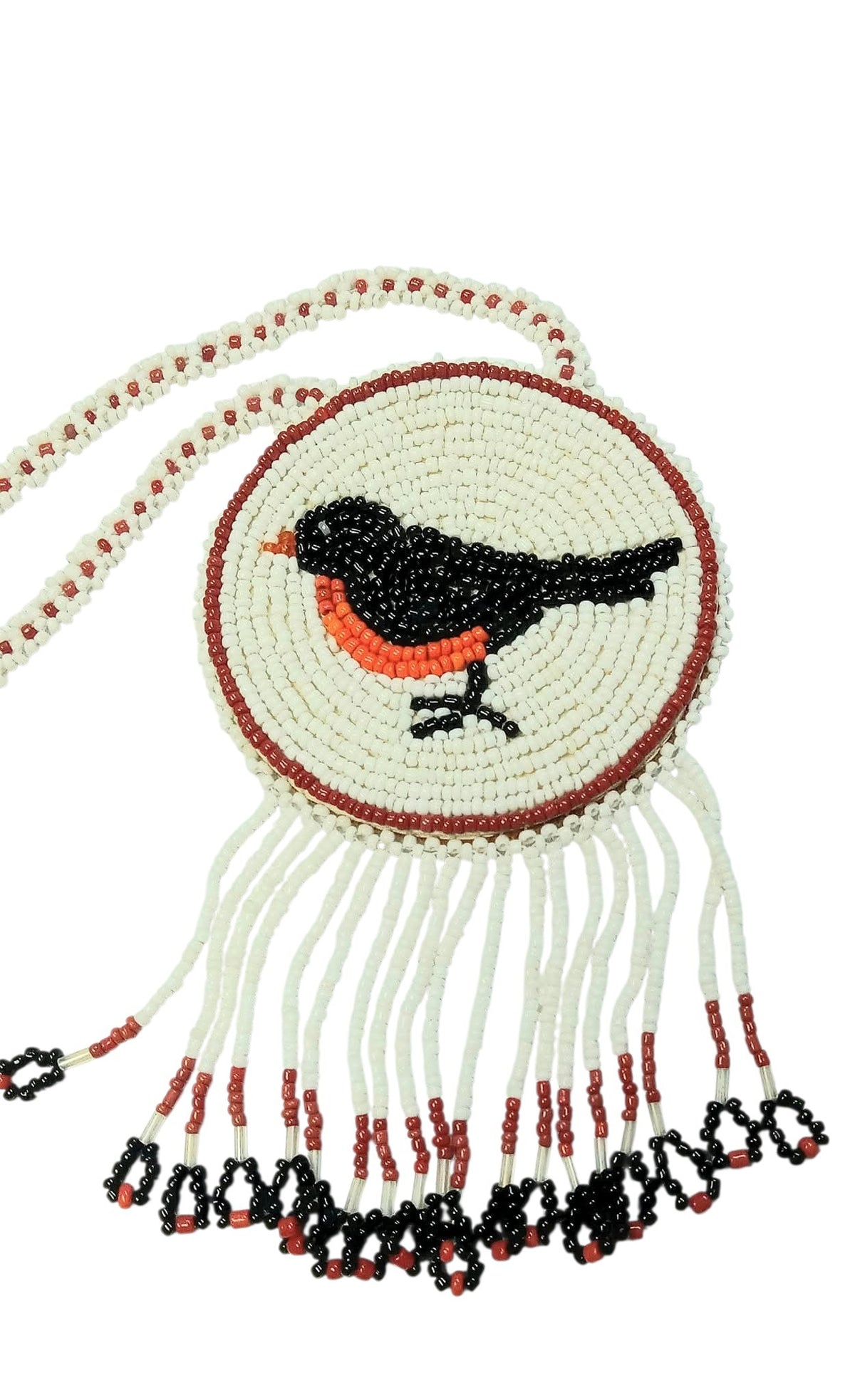 3 1/4" Beaded Robin Bird Medallion Necklace w/ 29" beaded chain and 2.5" fringe. Leather backing. White, black, red