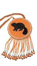3" Beaded Beaver Medallion Necklace w/ 28.5" beaded chain and 2.5" fringe. Leather backing. Orange, white, black
