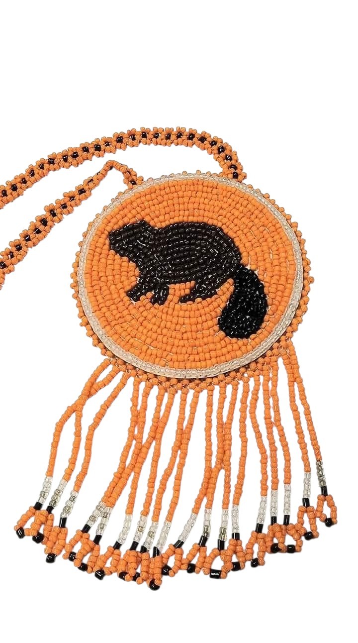 3" Beaded Beaver Medallion Necklace w/ 28.5" beaded chain and 2.5" fringe. Leather backing. Orange, white, black