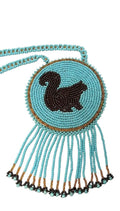 3 1/4" Beaded Squirrel Medallion Necklace w/  28" beaded chain and 2 1/4" fringe. Leather backing. Turquoise, orange, brown