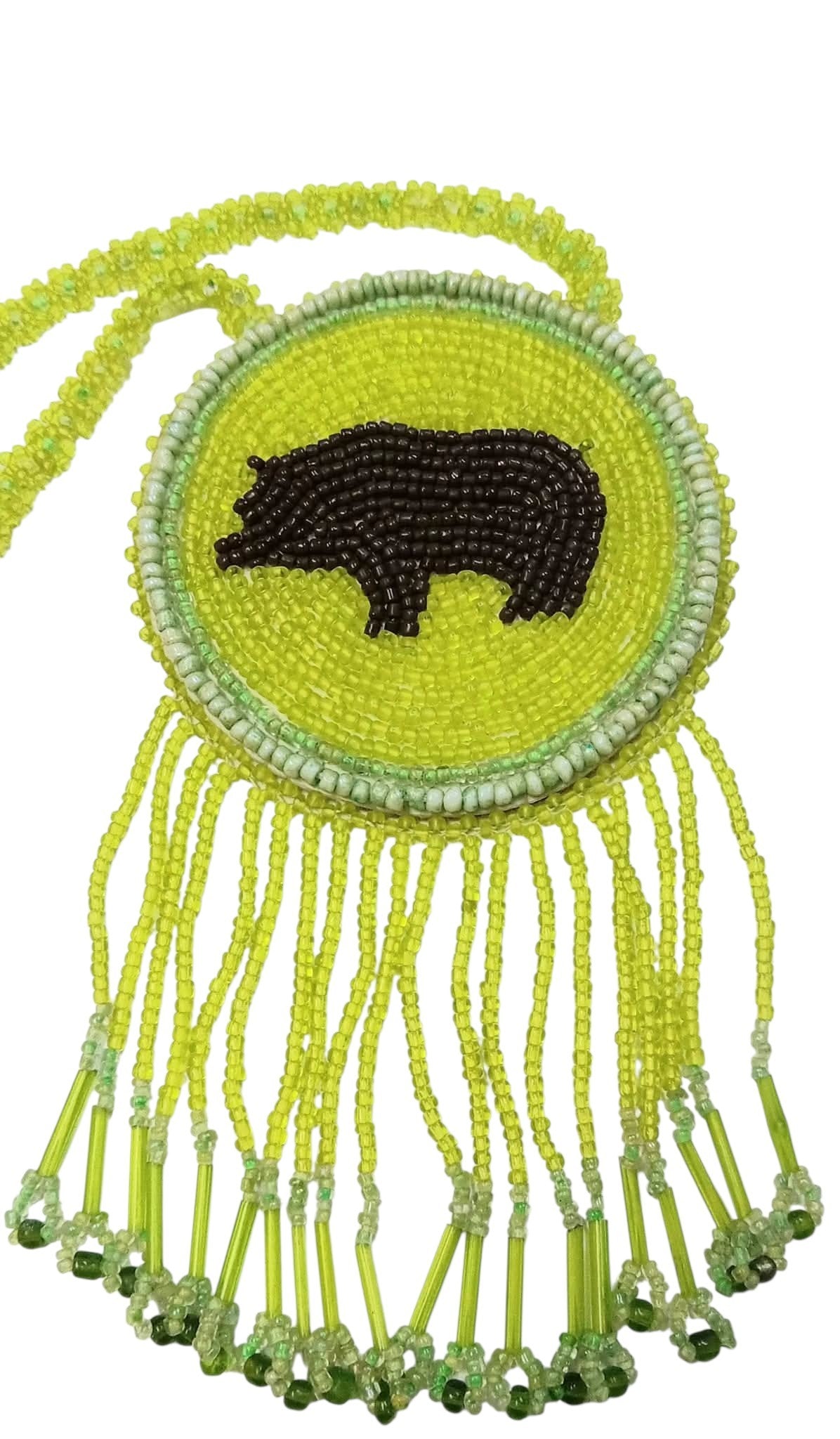 3 1/4"  Beaded Bear Medallion Necklace w/ 28" beaded chain and 2 1/2" fringe. Leather backing. Green