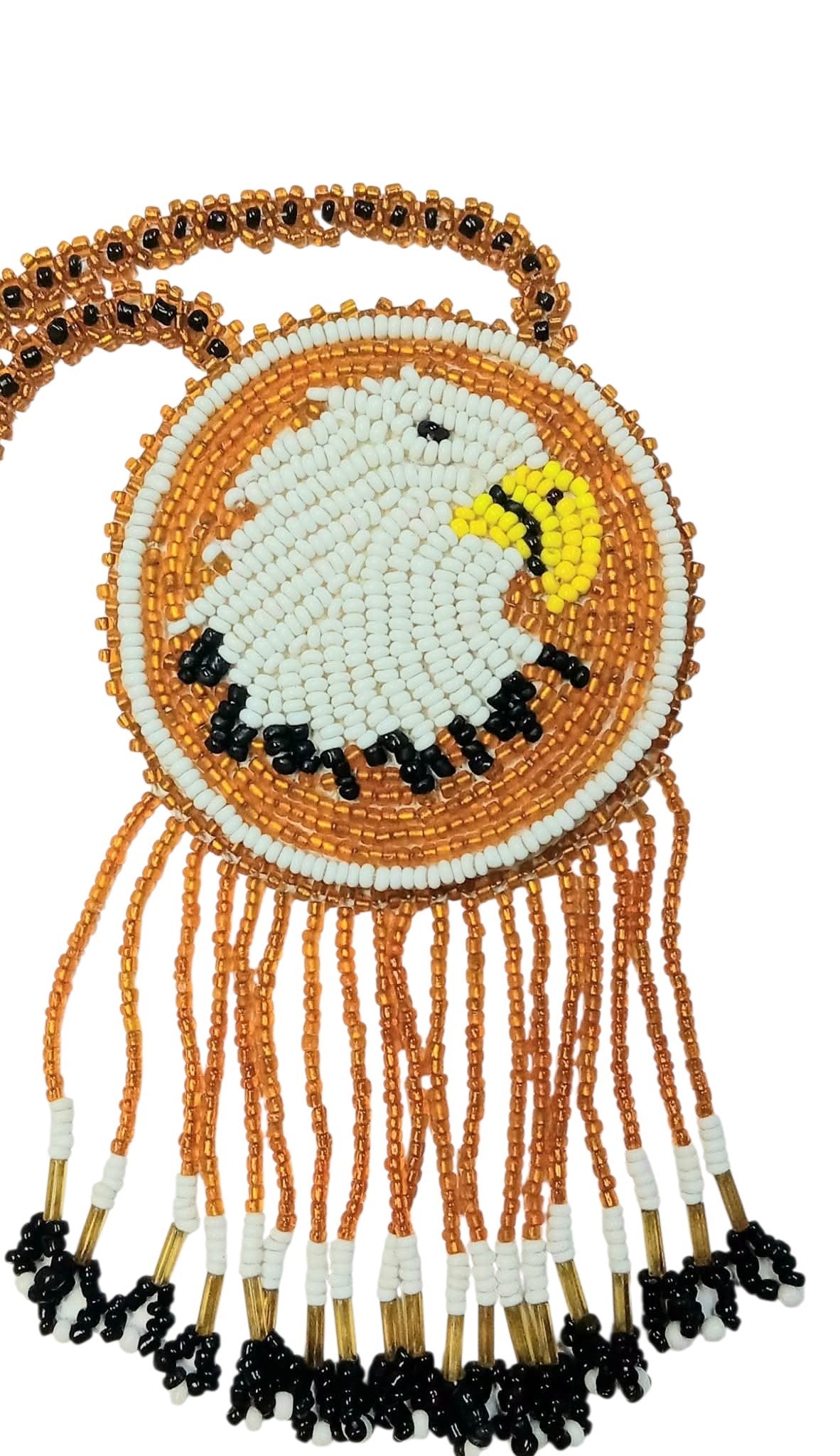 2 3/4" Beaded Eagle Medallion Necklace w/ 29" beaded chain and 2.5" fringe. Leather backing. Orange
