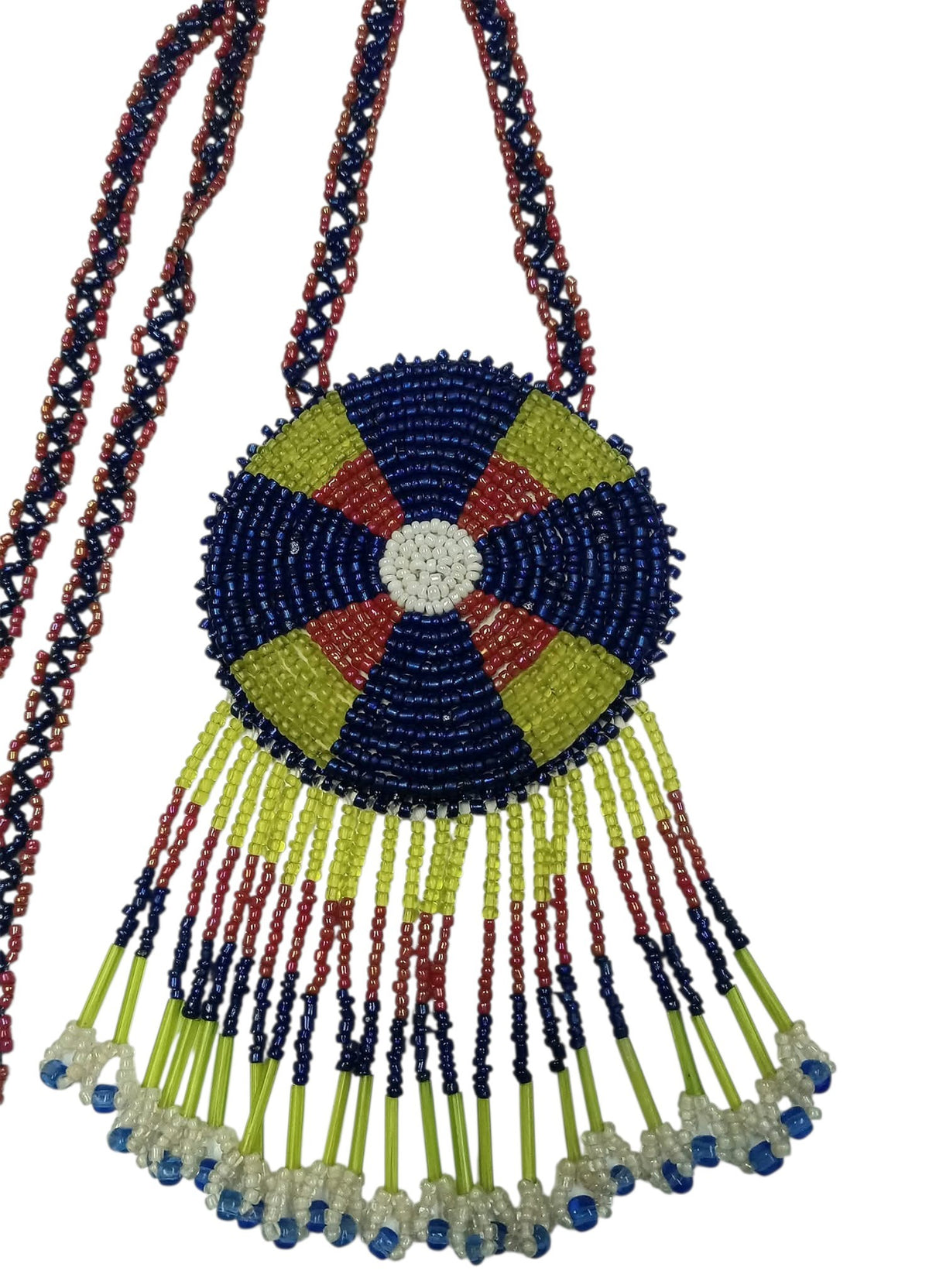 3" Beaded Geometric Medallion Necklace w/ 30" beaded chain and 2 1/4" fringe. Leather backing. Red, Blue, Green