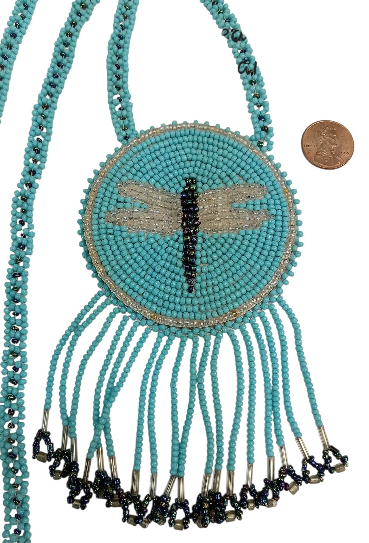 3" Beaded Dragonfly Medallion Necklace w/ 30" chain  and 2 1/4" fringe. Leather backing. Turquoise