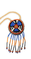 1 1 3/4" Beaded Thunderbird Medallion Necklace w/ 29" beaded chain and 1 3/4" fringe. Leather backing.
