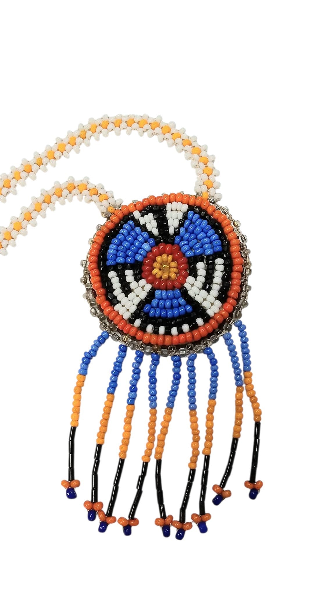1 1 3/4" Beaded Thunderbird Medallion Necklace w/ 29" beaded chain and 1 3/4" fringe. Leather backing.