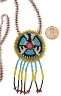 1 3/4" Beaded Thunderbird Medallion Necklace w/ 30" beaded chain and 1 1/2" fringe. Leather backing