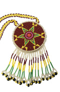 3" Beaded Star Medallion Necklace w/ 28.5" beaded chain and 2 1/4" fringe. Leather backing. Red, yellow, green