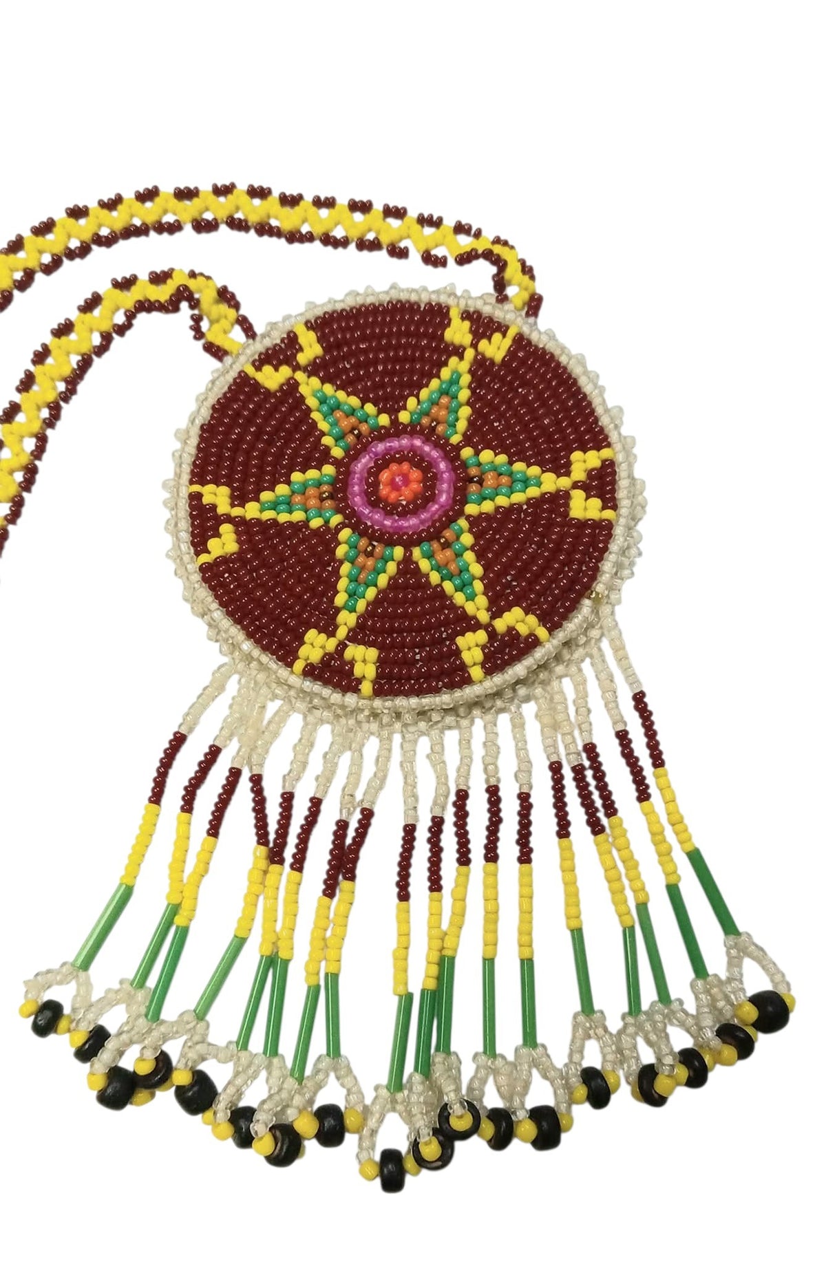 3" Beaded Star Medallion Necklace w/ 28.5" beaded chain and 2 1/4" fringe. Leather backing. Red, yellow, green