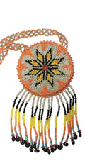 2 1/2" Beaded Star Medallion Necklace w/ 28" beaded chain and 2.5" fringe. Leather backing. Orange, silver