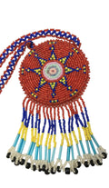 2 3/4" Beaded Star Medallion Necklace w/ 28.5" beaded chain and 2.5" fringe. Leather backing. Red, blue, yellow