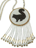 3" Beaded Squirrel Medallion Necklace w/ 29" beaded chain and 2" fringe. Leather backing. White, Gold