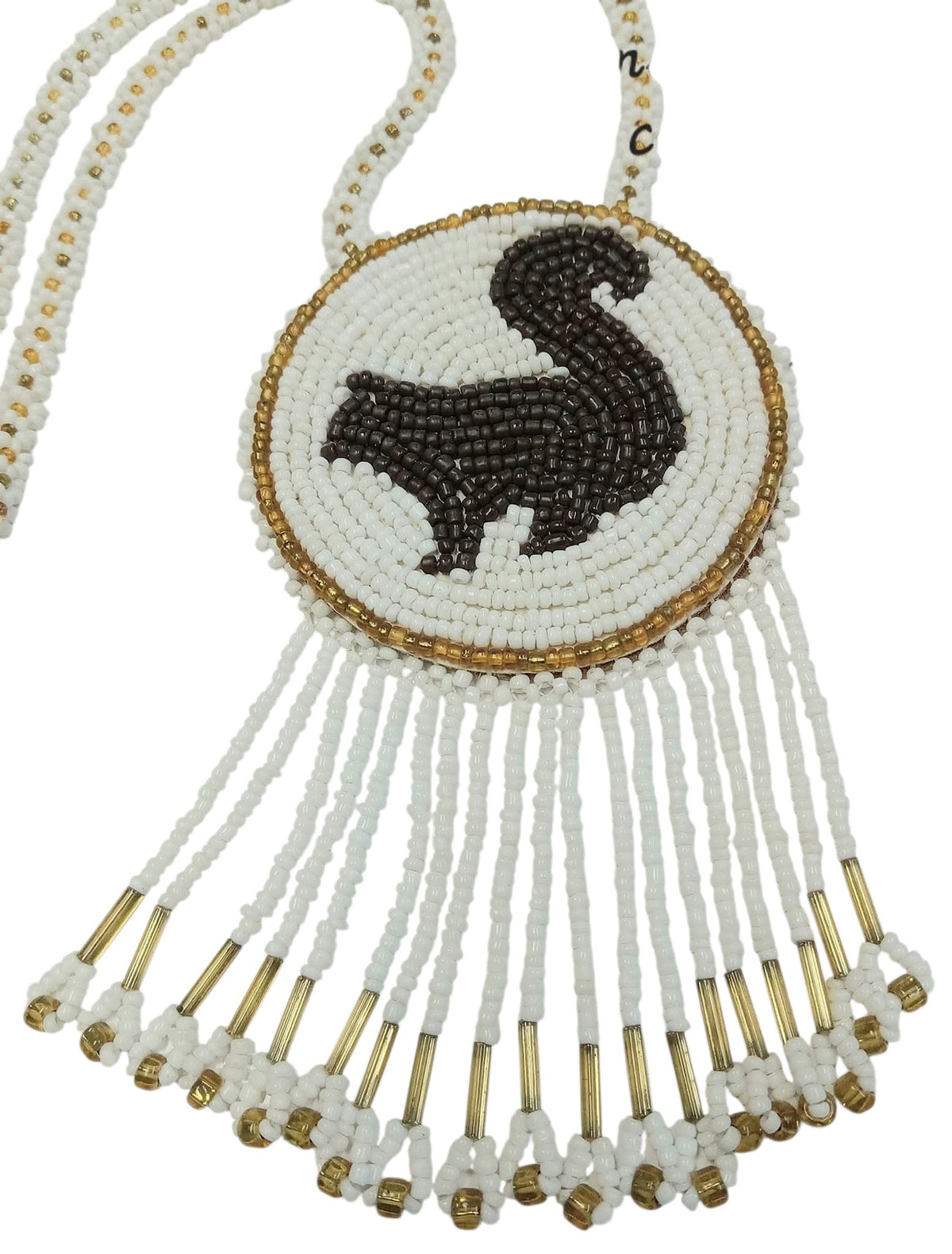 3" Beaded Squirrel Medallion Necklace w/ 29" beaded chain and 2" fringe. Leather backing. White, Gold