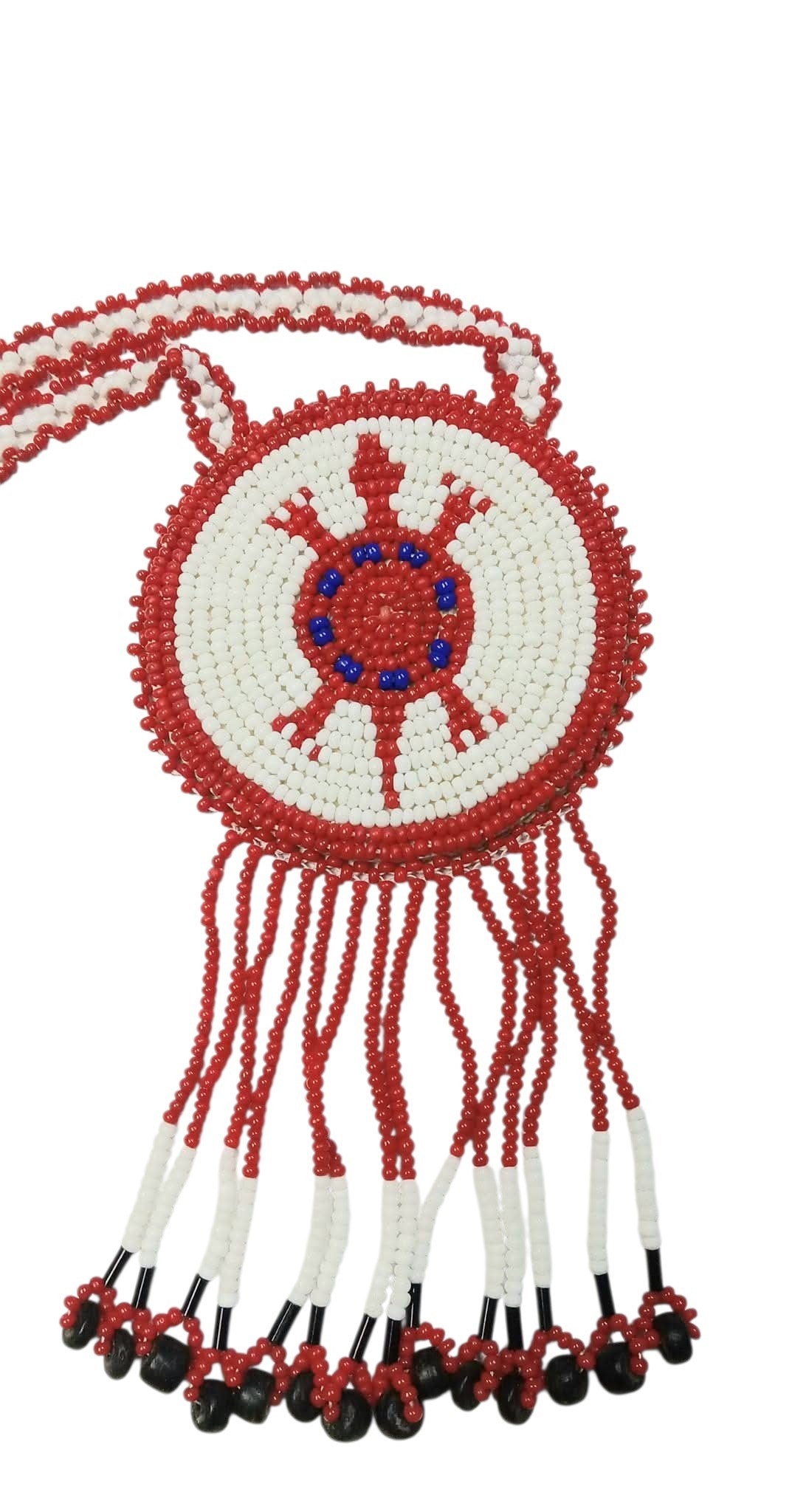 2 3/4" Beaded Turtle Medallion Necklace w/ 29" beaded chain and 2.5" fringe. Leather backing. Red, white, blue